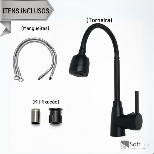 Torneira Misturador Gourmet Bancada Preto Fosco - Duplo Jato Monocomando Mangueira Flexível em Metal
