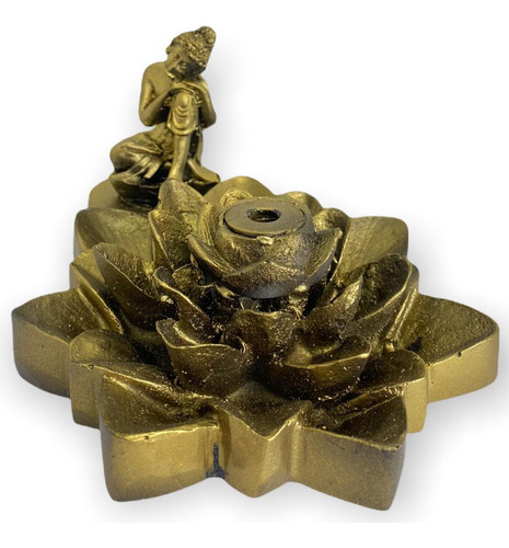 Incensário Cascata Flor De Lotus Buda Ajoelhado Dourado 7 Cm