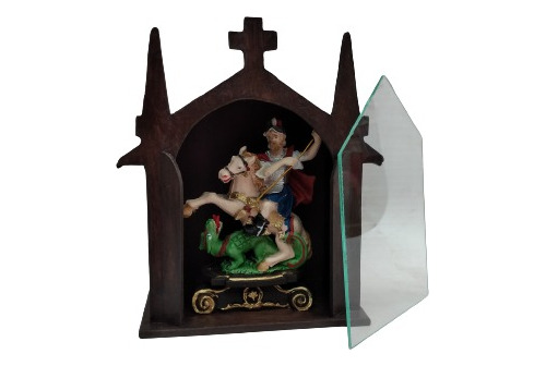 Estatua San Jorge - Pvc - 15 Cm - Capilla Con Vidrio Frontal