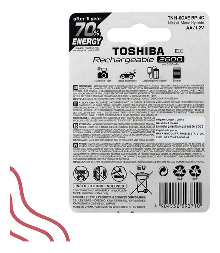 Kit C/12 Pilhas Recarregáveis Aa 2600 Mah Toshiba 2a Normal