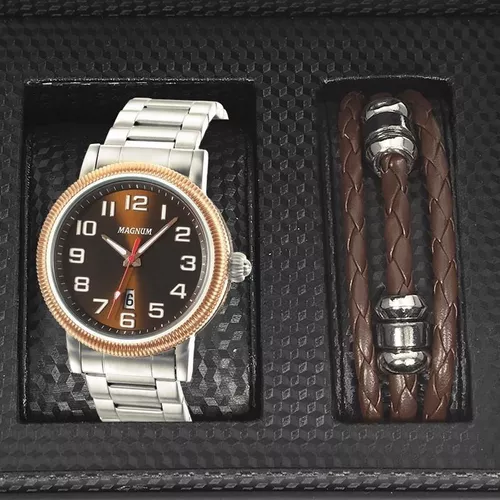 Relogio masculino magnum marrom kit com pulseira de couro ma21900d