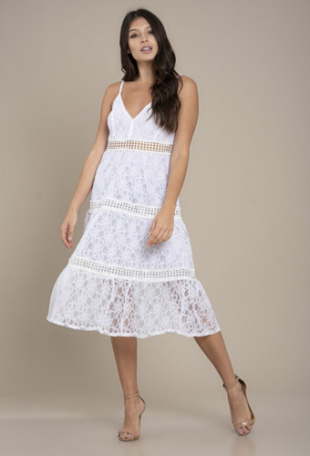 Imagem 2 de 4 de Vestido Branco Midi Em Renda Casamento Formatura Réveillon