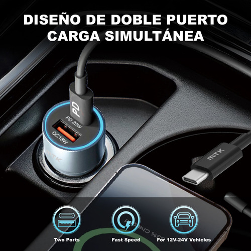 Cargador Carro Auto 38w Carga Rápida Con Cable Pd 20w+qc 18w