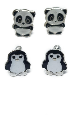 Aretes De Oso Panda Y Pinguino De Plata 925 +estuche S8