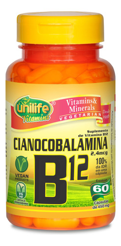 Vitamina B12 Cianocobalamina 450mg 60 Cápsulas Unilife