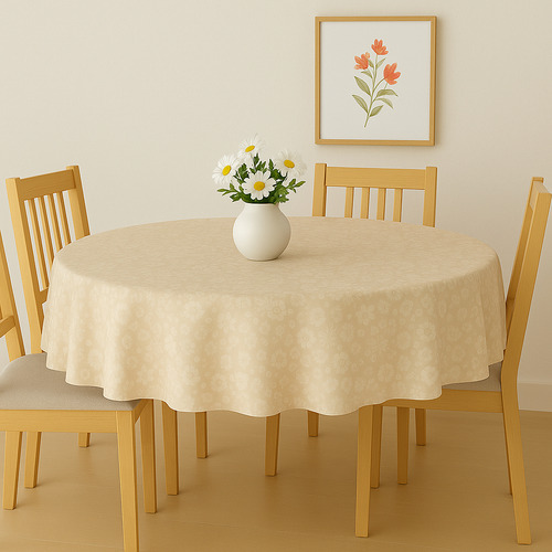 Toalha Mesa Termica Plastica Floral Bege Redonda 4 Lugares