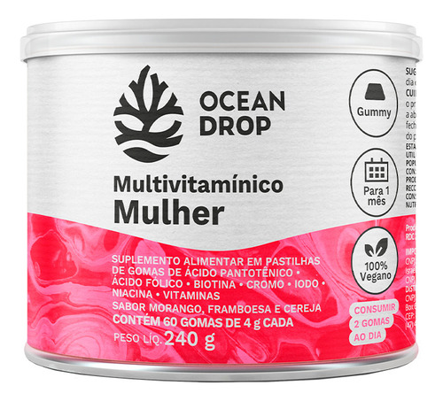 Multivitamínico Mulher Vegano 60 Gomas - Ocean Drop Sabor Morango Framboesa e Cereja