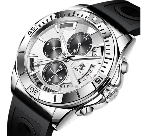 Reloj Benyar Para Hombre, Con Malla De Silicona, Cronógrafo Correa Negro Bisel Plateado Fondo Blanco