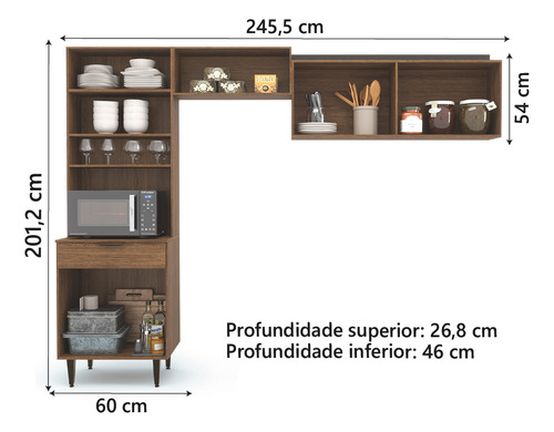 Armário de Cozinha Completa 4 Portas Ripado 3D 1 Gaveta Nicho Para Micro Ondas Madeirado e Grafite Vitória Batrol