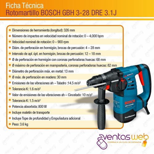 Imagen 7 de 9 de Rotomartillo Percutor 28mm Bosch Professional 3,1 J + Mechas
