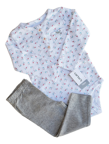 Conjunto Bebe Carters Body Flores Pantalon Gris 12 M 