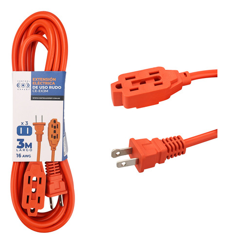 Extensión Eléctrica Uso Rudo 3 Metros Reforzada Color Naranja