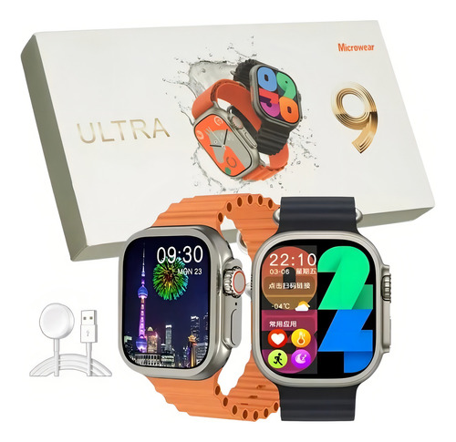 Relógio Smartwatch W69 Ultra Series 9 Inteligente Ip68 450ma Caixa Dourado-escuro Pulseira Laranja