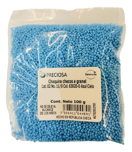 Chaquira Checos Cat. 02 Bolsa 100 Gramos Selanusa Color Azul cielo Diámetro 1.6 mm