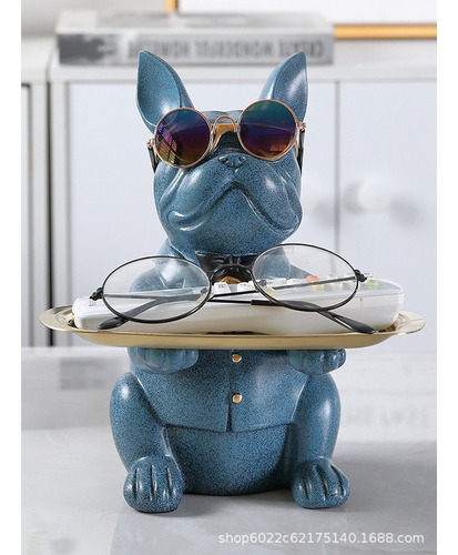 Escultura De Bulldog Francés, Figura De Perro Con Bandeja