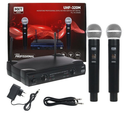 Microfone Sem Fio Duplo De Mão Mxt Uhf 320m 96 Canais - 50m Cor Preto