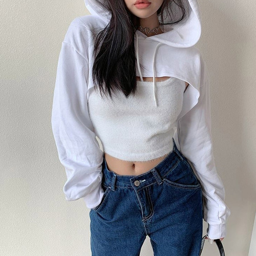 (w-m) Sudadera Con Capucha Corta De Manga Larga Aesthetic Pu