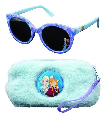 Gafas Lentes De Sol Con Protección Uv Infantil Con Estuche Lente Negro Varilla Agua Armazón Azul Acero Diseño Frozen