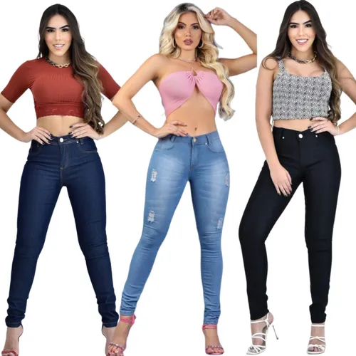 Kit 3 Cal as Jeans Feminina Cintura Alta Hot Pants Com Lycra