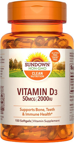 Vitamina D3 50 mcg | 2000 UI Sundown Naturals, 150 cápsulas blandas con sabor sin sabor