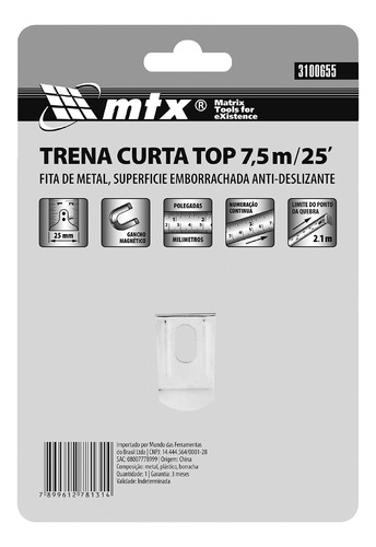 Trena Curta 7,5m 25mm Fita Metal Com Gancho Magnetico Mtx