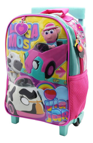 Mochila Escolar La Granja De Zenón Viajar Amiguitos Carro Color Rosa Diseño de la tela Liso