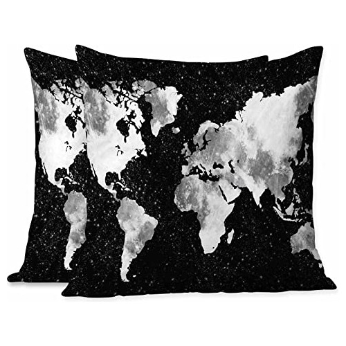 Fundas De Almohada Mapa Mundial Negro Blanco Estrellas,...