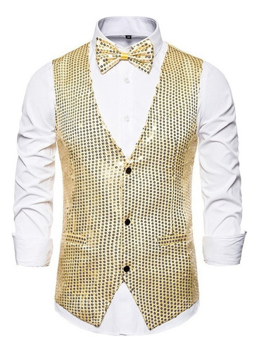 Chaleco De Fiesta Hombre Moda Lentejuela Con Corbata De Moño