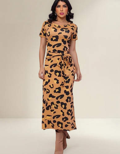 Vestido Feminino Midi Oncinha Com Fenda E Amarrção Frontal