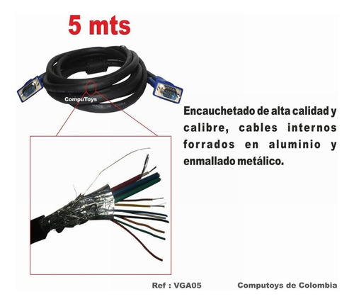 Imagen 5 de 6 de Cable Vga Blindado Filtros 5 Mts Ref: Vga05 Computoys Sas