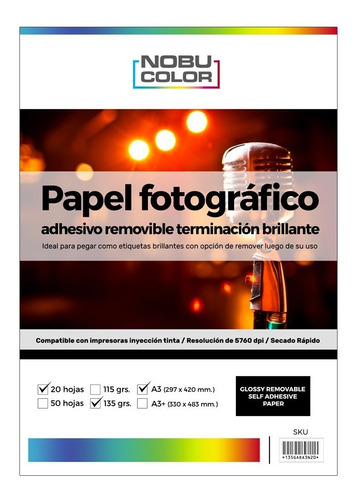 Papel Foto Glossy Adhesivo Removible A3 135 Gr. 20 Hojas