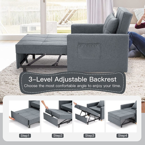Sillón Cama 3 En 1; Ajustable Tamaño Individual De Lino Gris