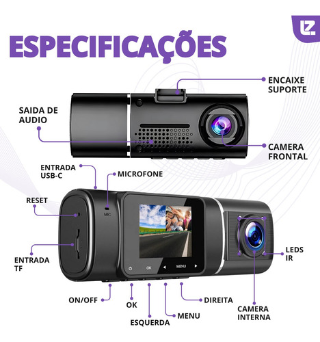 Câmera Dupla Veicular Com Gravação Loop E Sensor G Full Hd