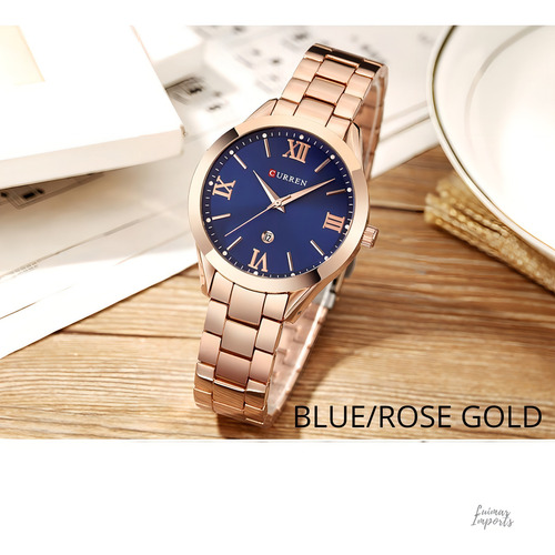 Reloj de lujo Curren 9007 para mujer con funda en V. Colores y correa, color oro rosa/azul