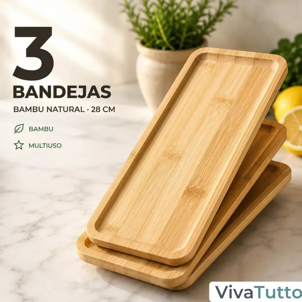 Kit 3 Bandejas de Bambu 28cm Retangulares Tábua para Mesa Posta Café Petisqueira Suporte Lavabo VIVATUTTO
