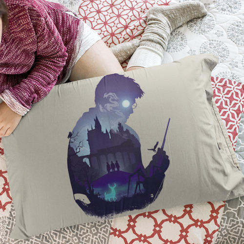 Jogo de Cama Casal Lençol sem Elástico Plano Harry Potter Elementos Magia Bruxaria Hogwarts 9 3/4 Hermione Rony Avada Kedavra Fã