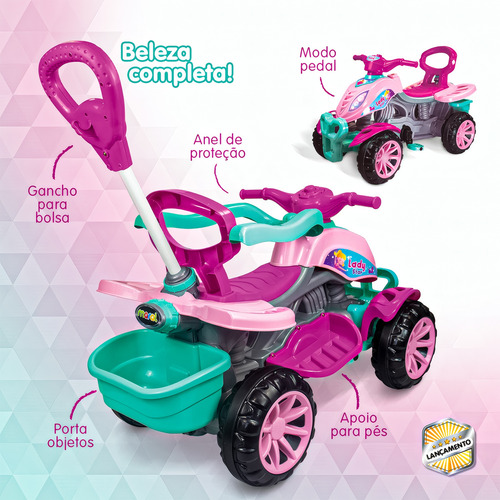 Quadriciclo Carrinho Infantil Rosa Meninas Com Pedal E Haste