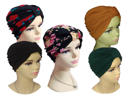 5 Turbantes Gorros Oncológicos Para Mujer Dama, Alopecia Color Negro-chedron-verde-est 42-est 43