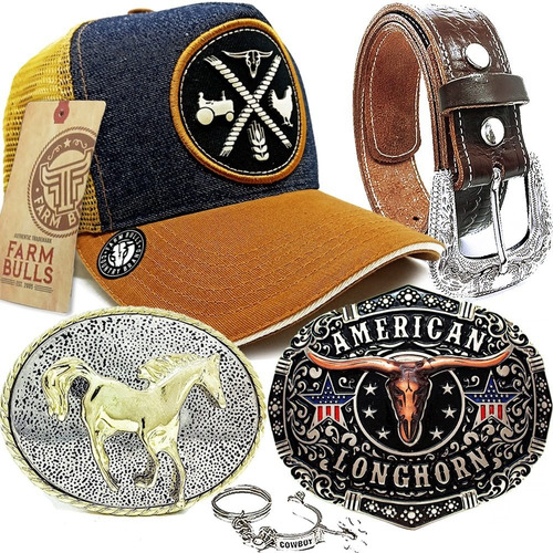 Kit Presente Cinto Fivela Country Bone Farm America Chaveiro