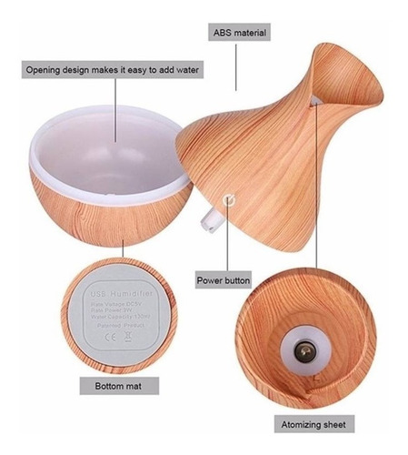 Humidificador Difusor Esfera Madera Bambu C/ Luz Ultrasonico