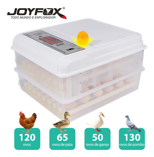 Joyfox Chocadeira Incubadora Automática para 120 Ovos Controle fe Temperatura e Umidade com Display Digital 5 Modos Giro Automático Fonte de Alimentação Dupla 12v/127v