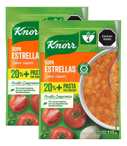 2 Sobres Sopa Instantánea Knorr Pasta Estrellas 115g