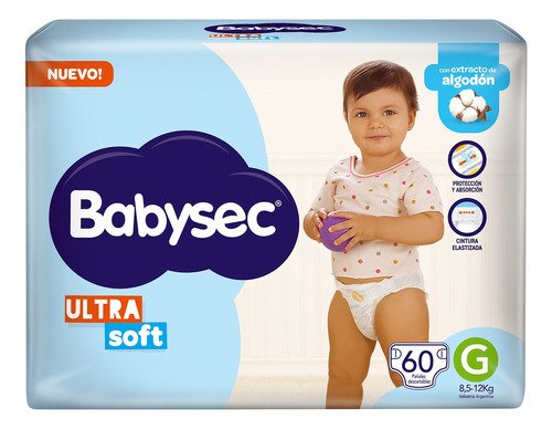 Pañales Bebe Babysec Ultrasoft Sin género Tamaño Grande (G) por 60 unidades
