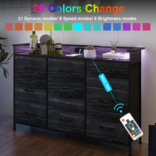 Comoda Negra Con Estacion De Carga Y 9 Cajones Con Luz Led.