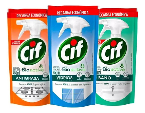 Kit Limpiadores Repuesto Cif Antigrasa Vidrios Baño 450 Ml