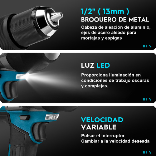 Taladro Percutor Atornillador Inalámbrico Mandril de 1/2'' con Asa Auxiliar 2Ah Gisam S3725 Color Azul