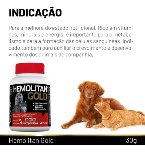 Suplemento Vitaminico Hemolitan Gold Vetnil 30 Comprimidos