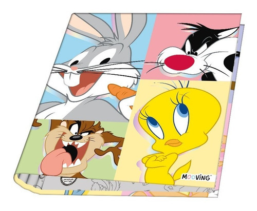 Carpeta Looney Tunes A4 Escolar Oficina Mooving Ganchos 2x40 Diseño PERSONAJES PASTEL