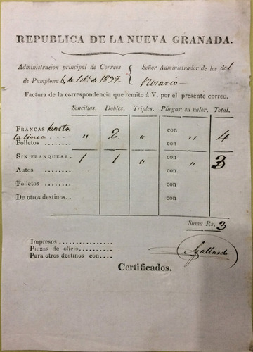 Pamplona Nueva Granada Factura De Correos Septiembre 1837