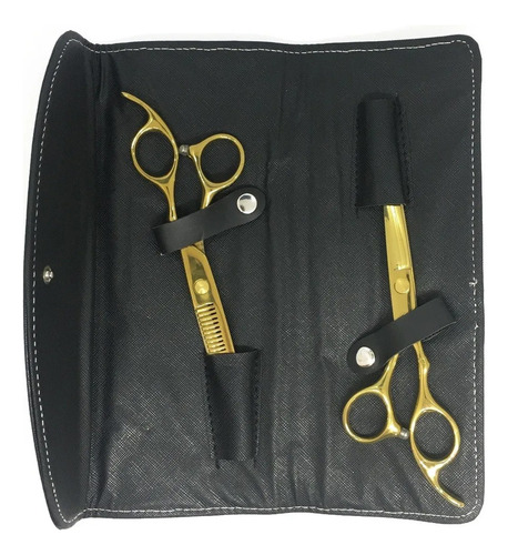Kit Tijera Filo Navaja + Pulir Barber Peluqueria 6 Dorado 9c